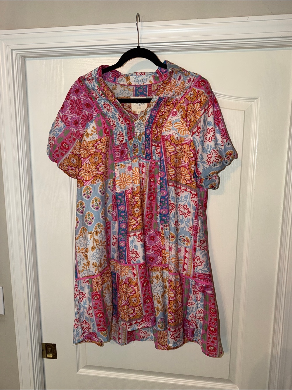 Umgee Pink, Blue & Gold Patchwork Boho Tunic Dress
